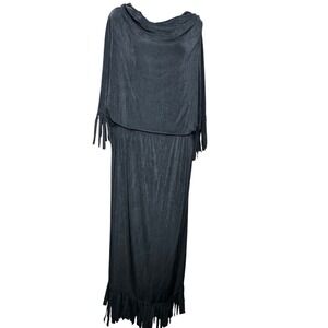 Chicos Travelers Black Fringe Maxi Skirt Cowl Neck Dolman Sleeve Fringe Outfit